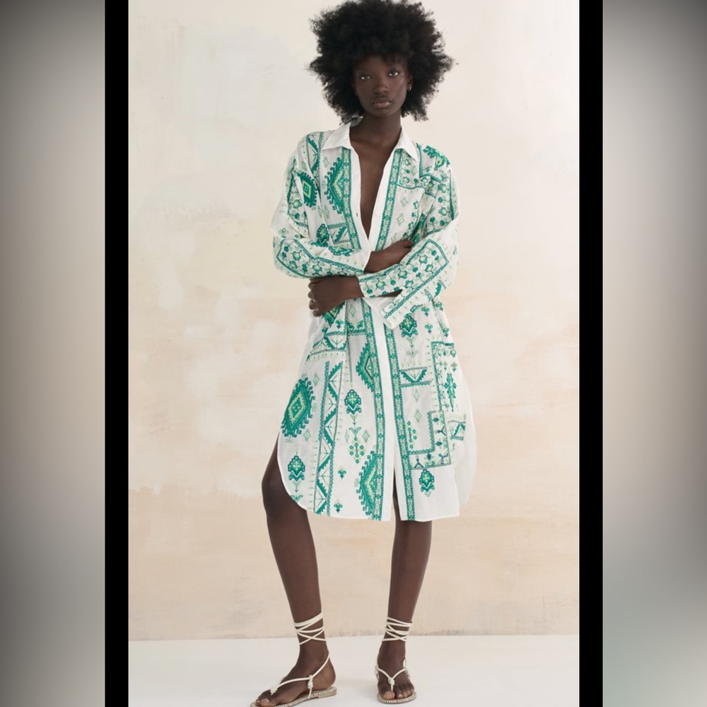 NEW ZARA Embroidered Long Shirt Dress
